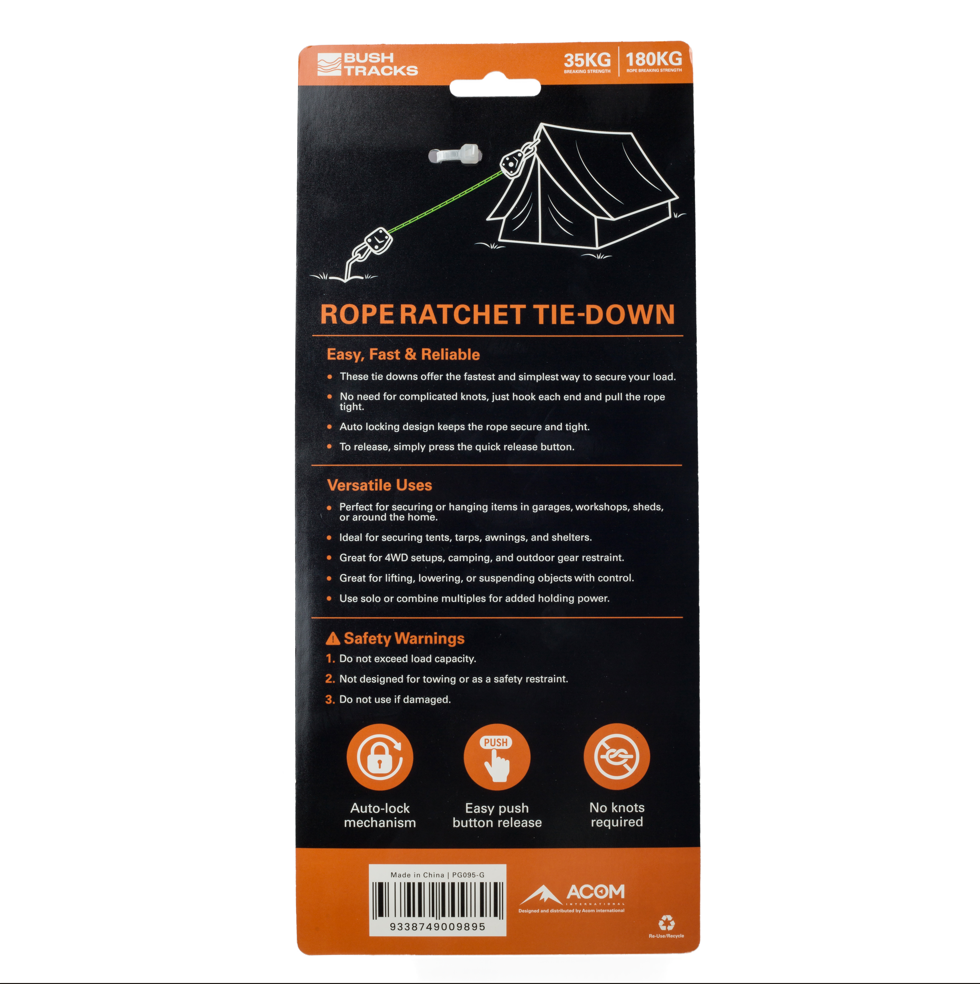 Glow In the Dark 4m Rope Ratchet Tie Downs with Carabiners - 4 Pack
